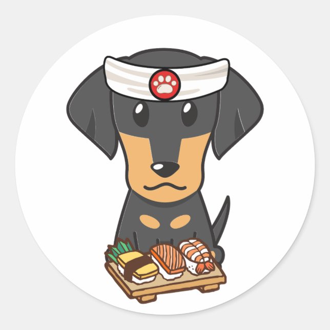 Sticker Rond Funny dachshund dog est un chef sushi (Devant)