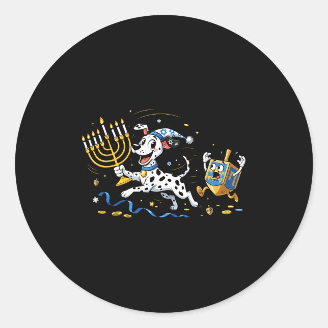 Sticker Rond Funny Dalmatian Dreidel Menorah Hanukkah Kids Wome (Devant)
