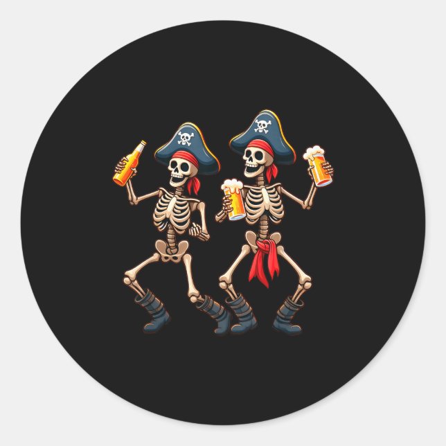 Sticker Rond Funny Dancing Rate Skeletons Beer Drinking Hallowe (Devant)