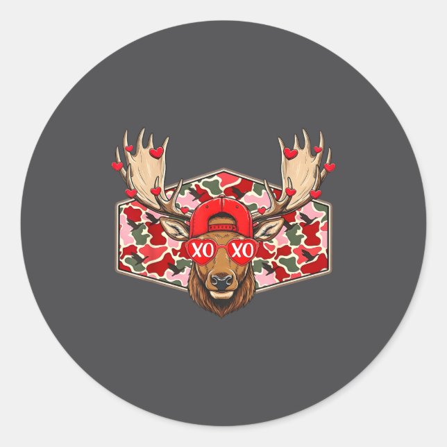 Sticker Rond Funny Deer Hunting Buck Camo Valentines Day Men Wo (Devant)