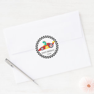Sticker Rond Funny Dinosaur Anniversaire voiture de course garç
