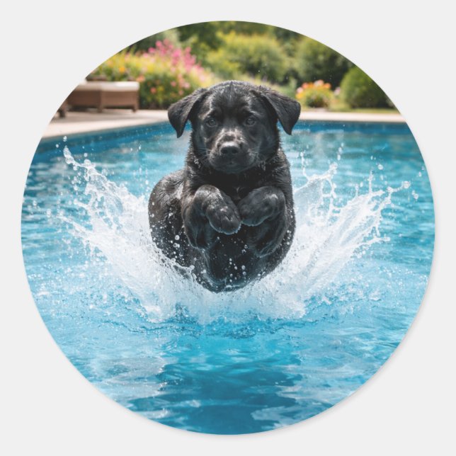 Sticker Rond Funny dog Canonball  Summer Pool Party (Devant)