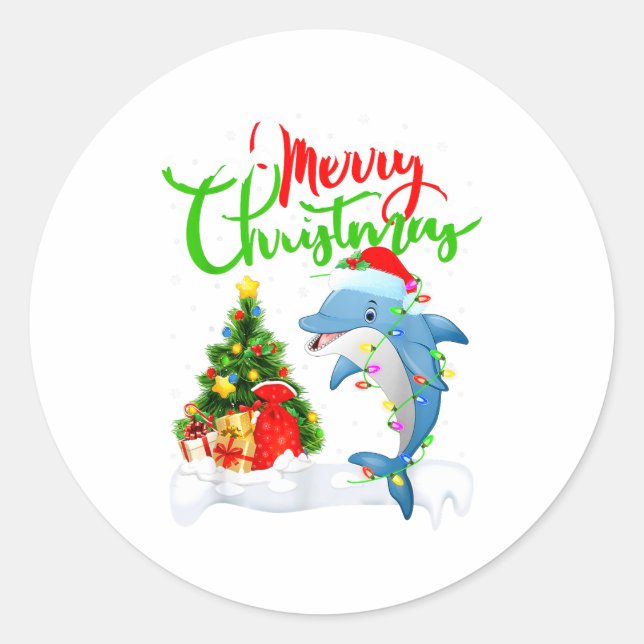 Sticker Rond Funny Dolphin Fish Lover Xmas Lighting Dolphin Chr (Devant)