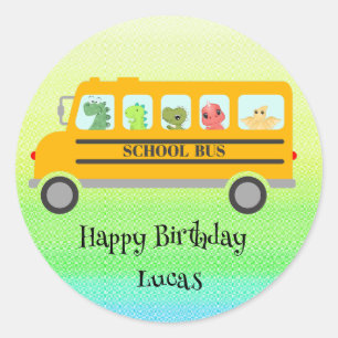 Sticker Rond Funny école de dinosaures Bus fête d'anniversaire 