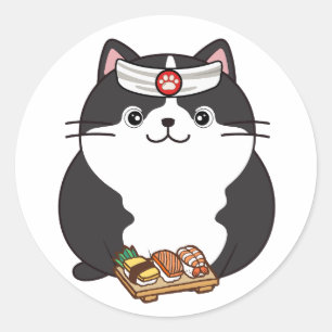 Sticker Rond Funny Fat cat est un chef sushi