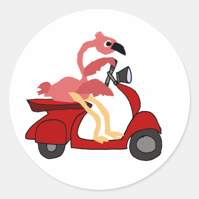 Sticker Rond Funny Flamant rose rose équitation Moteur Scooter (Devant)