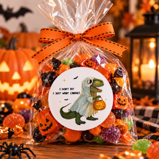 Sticker Rond Funny Ghost T-Rex with Pumpkin