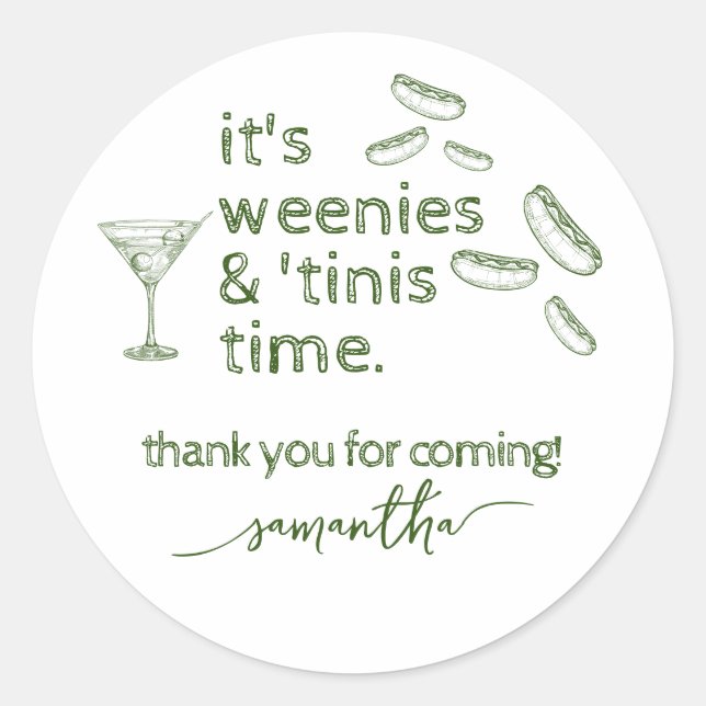 Sticker Rond Funny Green Weenies & Tinis Martini fête d'anniver (Devant)