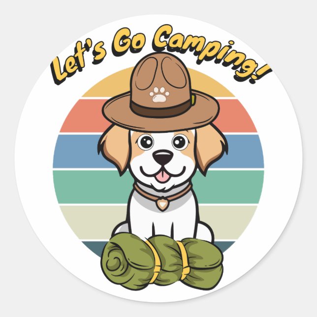Sticker Rond Funny Happy chien veut aller camper (Devant)