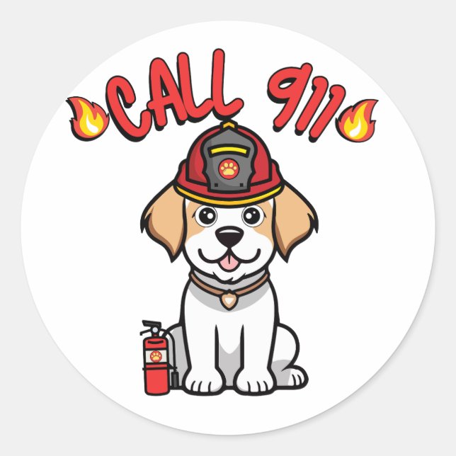 Sticker Rond Funny Happy dog est un pompier (Devant)