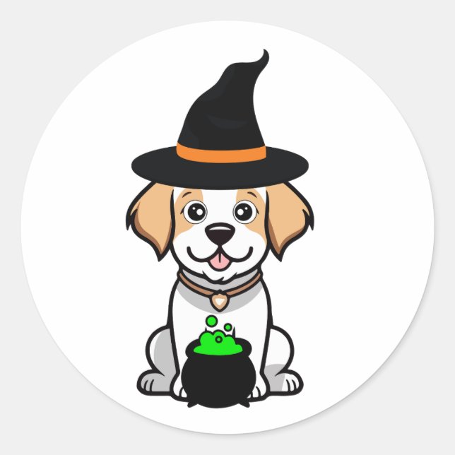 Sticker Rond Funny Happy dog est une sorcière (Devant)