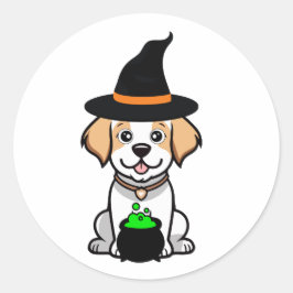 Sticker Rond Funny Happy dog est une sorcière