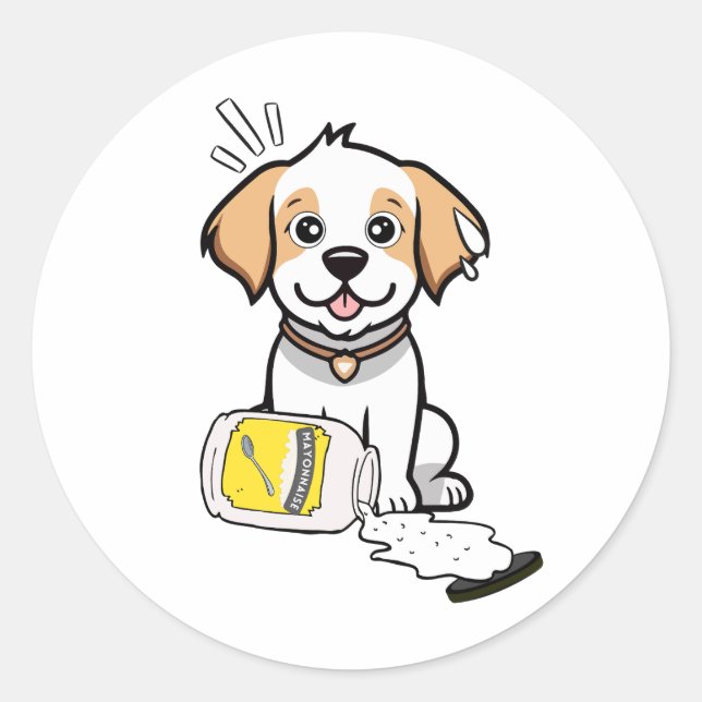 Sticker Rond Funny Happy dog renversé mayonnaise (Devant)