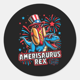 Sticker Rond Funny Hotdog T Rex Dinosaur 4 juillet Amerisauru
