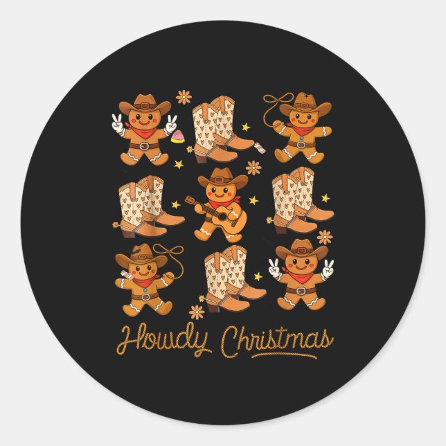 Sticker Rond Funny Howdy Christmas Gingerbread Cowboy Rodeo Wes (Devant)