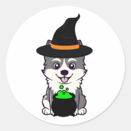 Sticker Rond Funny husky dog est une sorcière