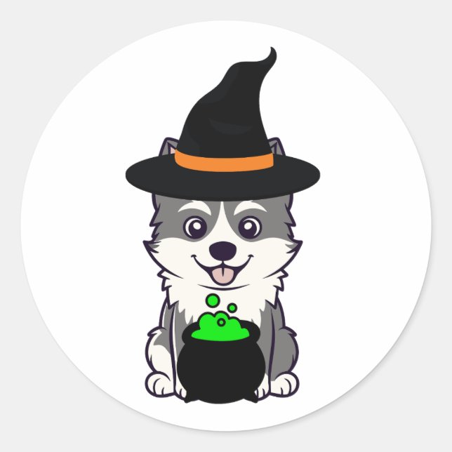 Sticker Rond Funny husky dog est une sorcière (Devant)