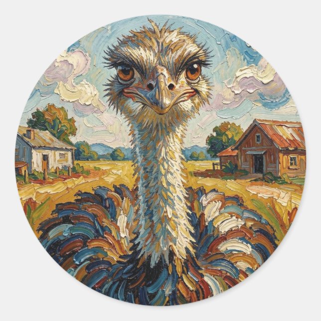 Sticker Rond Funny Impasto Ostrich on a Ranch  (Devant)