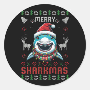 Sticker Rond Funny Joyeux Sharkmas laides requin de Noël portan