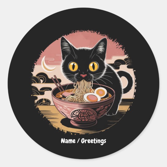 Sticker Rond Funny Kawaii Chat Manger Ramen nouilles mignonnes  (Devant)