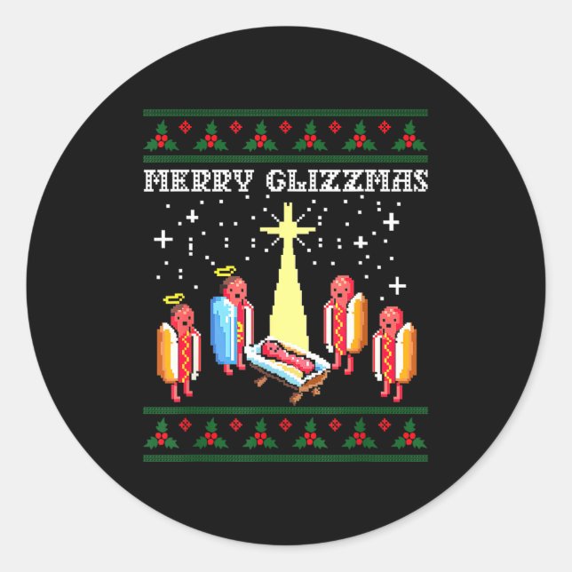 Sticker Rond Funny Merry Glizzmas Hot Dogs Family Group Ugly Ch (Devant)
