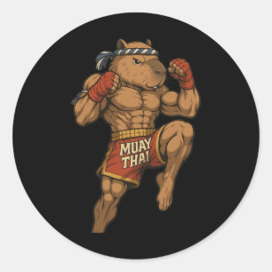 Sticker Rond Funny Muay Thai Capybara Thai Boxe Arts martiaux