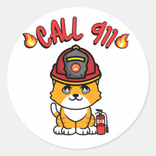Sticker Rond Funny orange cat est un pompier