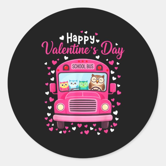 Sticker Rond Funny Owls School Bus Driver Happy Valentines Day  (Devant)