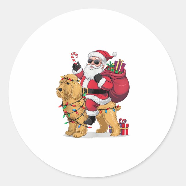 Sticker Rond Funny Père Noël équitation Goldendoodle Chien Noël (Devant)