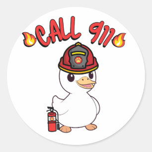 Sticker Rond Funny petit canard est pompier