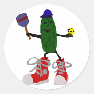 Sticker Rond Funny Pickle Holding Pickleball et Paddle
