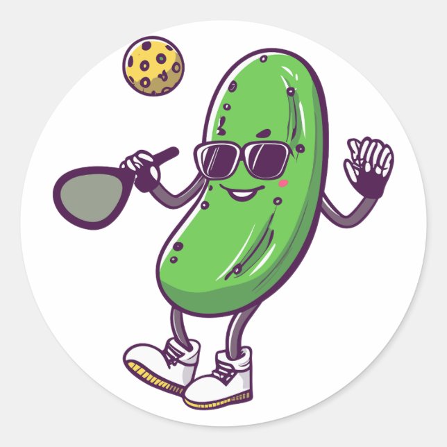 Sticker Rond Funny Pickleball et Concombre Cool : Paddle en Jeu (Devant)
