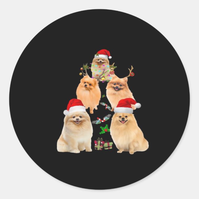 Sticker Rond Funny Poméranien Arbre de Noël Ornement Décor Cos (Devant)