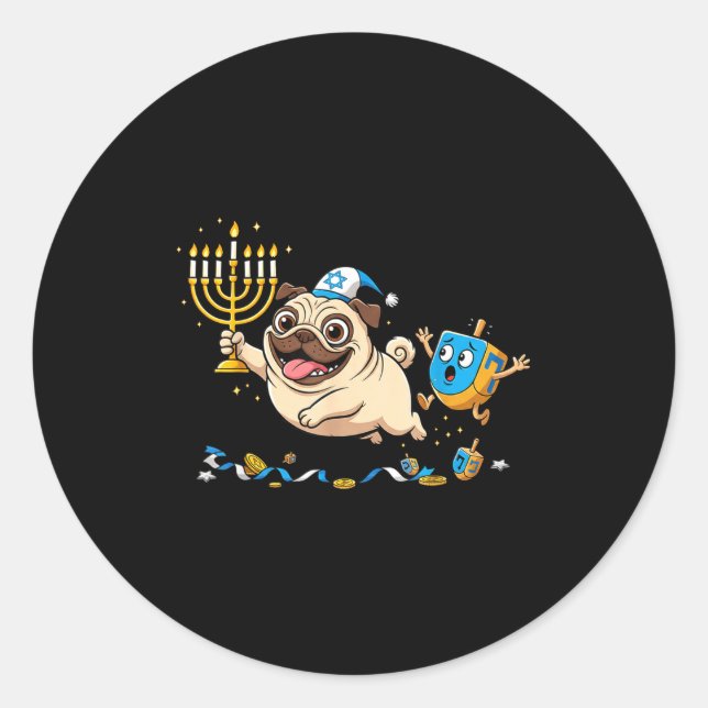 Sticker Rond Funny Pug Dreidel Menorah Hanukkah Kids Womens Men (Devant)