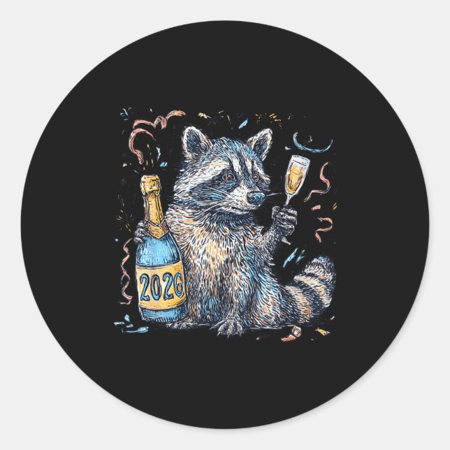 Sticker Rond Funny Raccoon With Champagne Disco Ball New Years  (Devant)