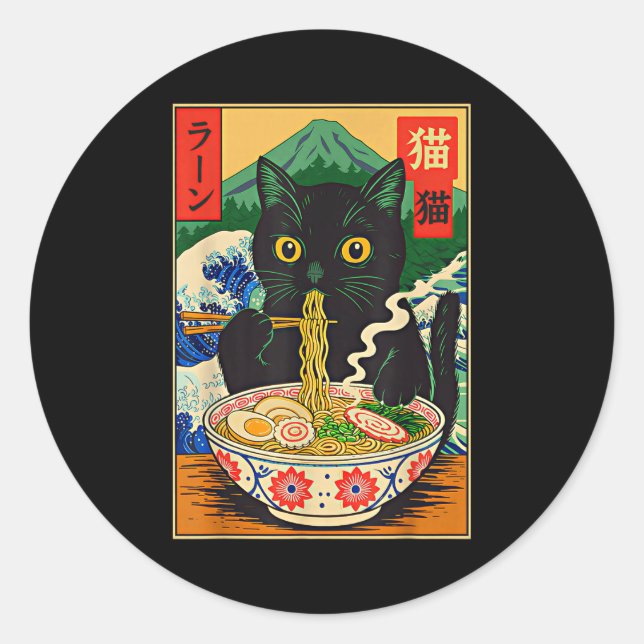 Sticker Rond Funny Ramen Cat Japanese Noodle Kitten  (Devant)