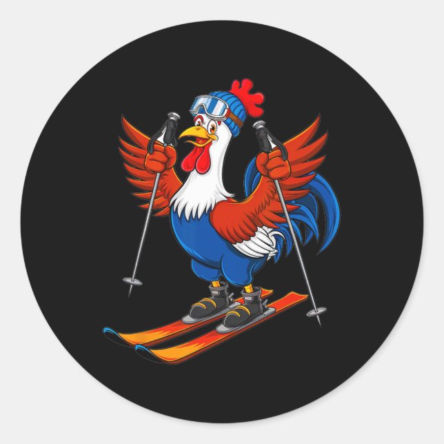 Sticker Rond Funny Rooster Skiing Adventure Cartoon  (Devant)