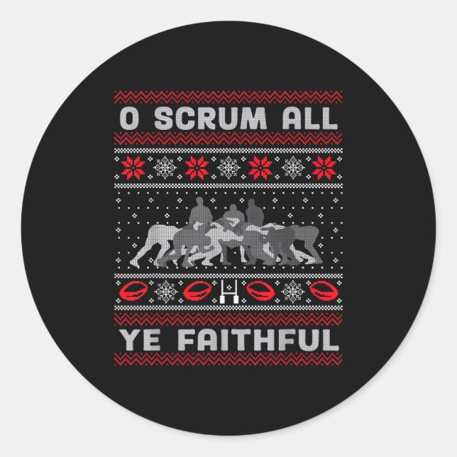 Sticker Rond Funny Rugby O Scrum All Ye Faithful Ugly Merry Chr (Devant)