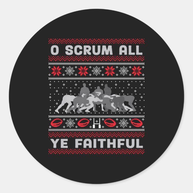 Sticker Rond Funny Rugby O Scrum All Ye Faithful Ugly Merry Chr (Devant)