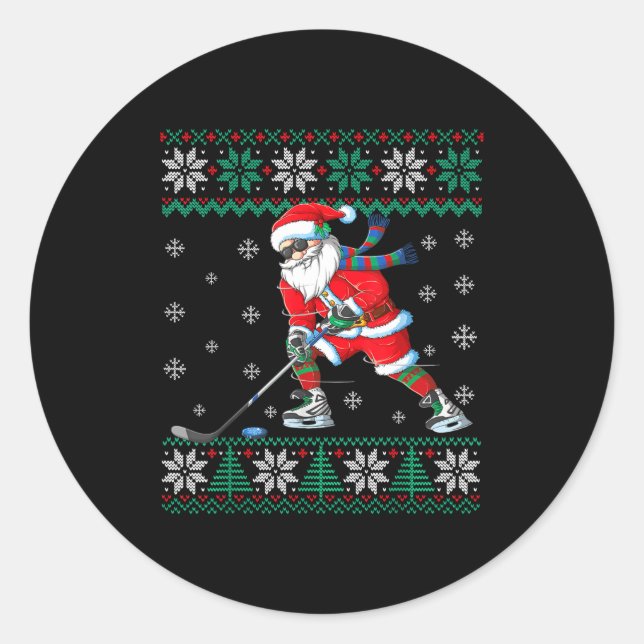 Sticker Rond Funny Santa Claus Christmas Ice Hockey Ugly Sweate (Devant)