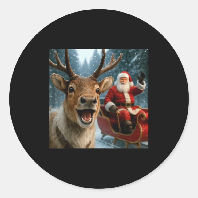 Sticker Rond Funny Santa Claus In Sleigh With Reindeer Christma (Devant)