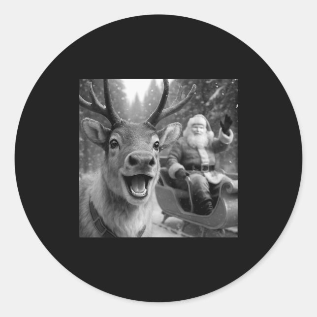 Sticker Rond Funny Santa Claus In Sleigh With Reindeer Christma (Devant)