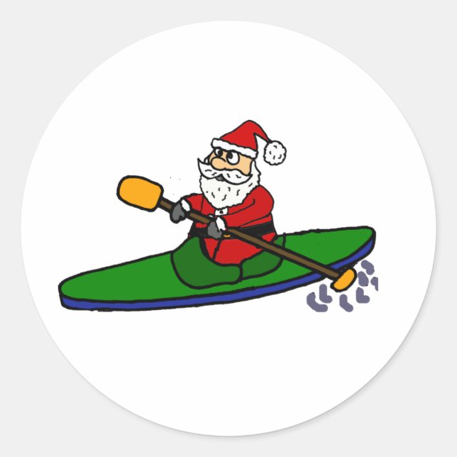 Sticker Rond Funny Santa Claus Kayaking Christmas Cartoon (Devant)