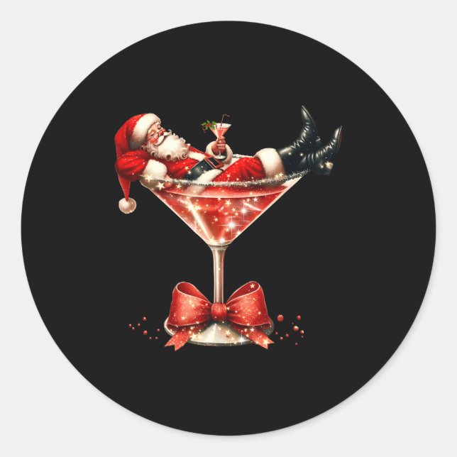 Sticker Rond Funny Santa Drinking Martini Christmas Humor Men W (Devant)