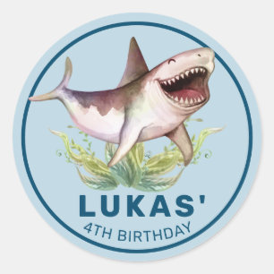 Sticker Rond Funny Shark Blue Ocean Theme Anniversaire de enfan