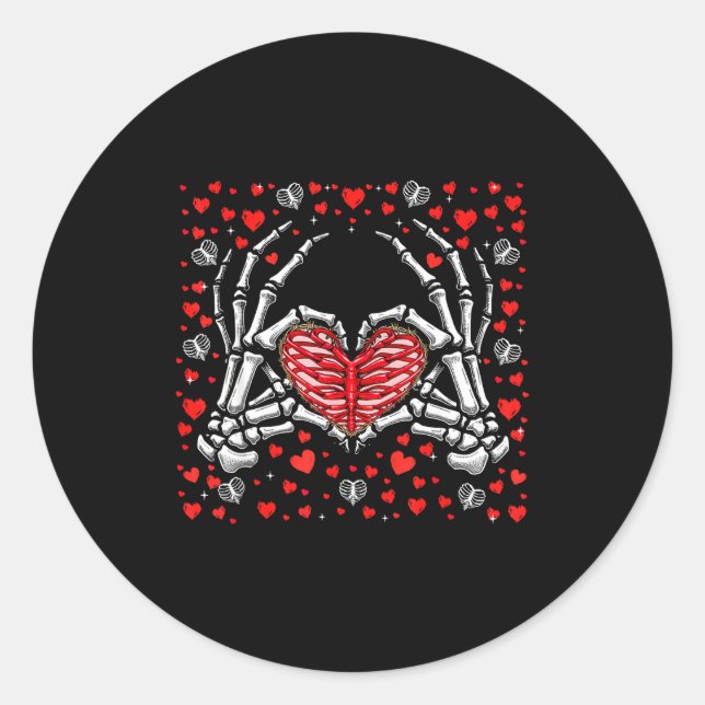 Sticker Rond Funny Skeleton Hand Heart Valentines Day Bones Lov (Devant)