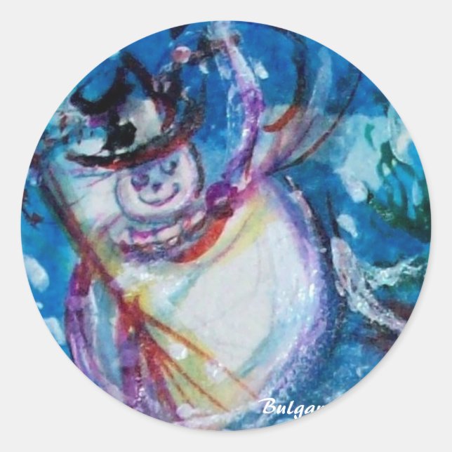 STICKER ROND FUNNY SNOWMAN DANS LA NUIT D'HIVER (Devant)