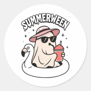 Sticker Rond Funny Summerween rose Fantôme Flottant Au Flamant 