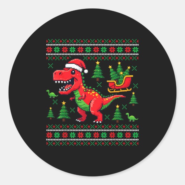Sticker Rond Funny T-rex Dinosaur Ugly Christmas Pajama Xmas  (Devant)