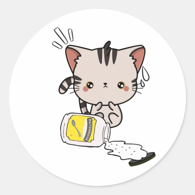 Sticker Rond Funny Tabby Cat déversé mayonnaise (Devant)